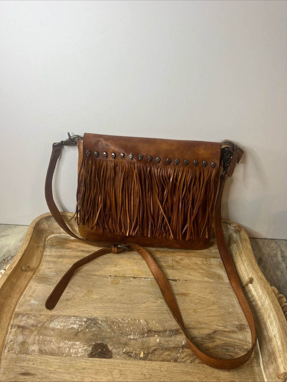 POL Brown Fringe Crossbody Bag with Skull Stud Accents